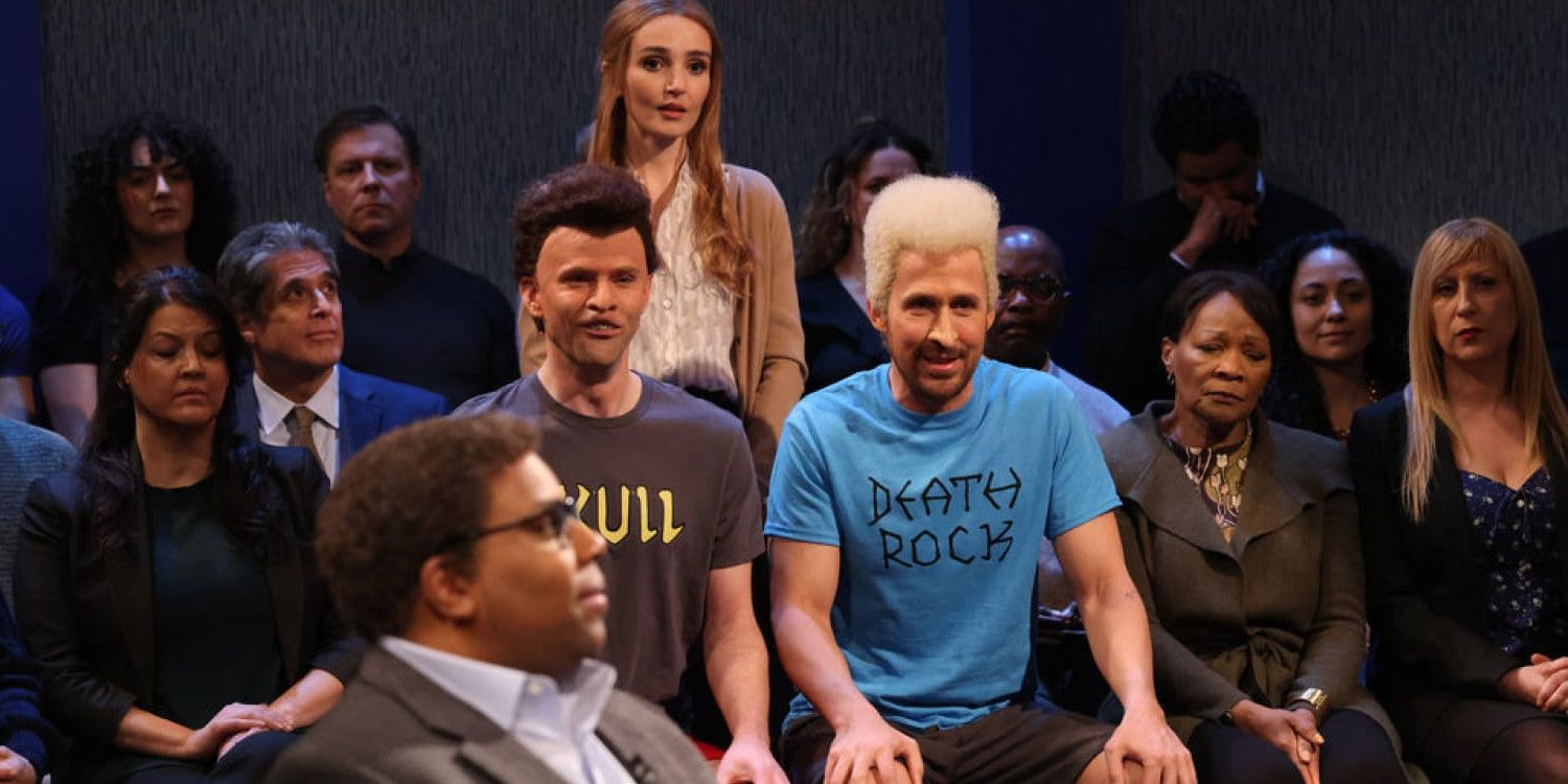 Mikey Day and Ryan Gosling dressed as Beavis and Butthead while Chloe Fineman stands behind them in an SNL sketech
