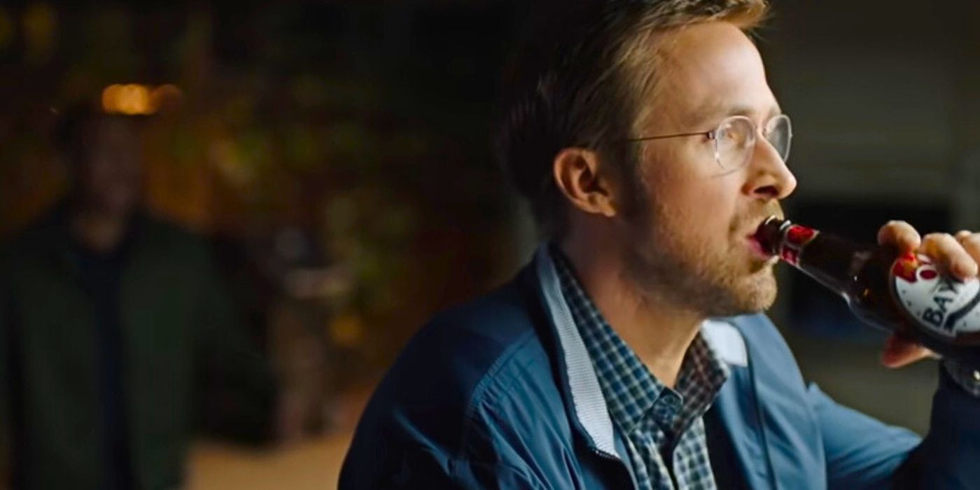 Ryan Gosling contemplating the Papyrus font and drinking a beer in the SNL sketch