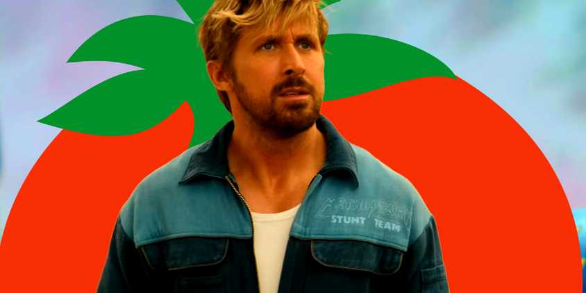 Ryan Gosling from The Fall Guy In Front of the Rotten Tomatoes Logo