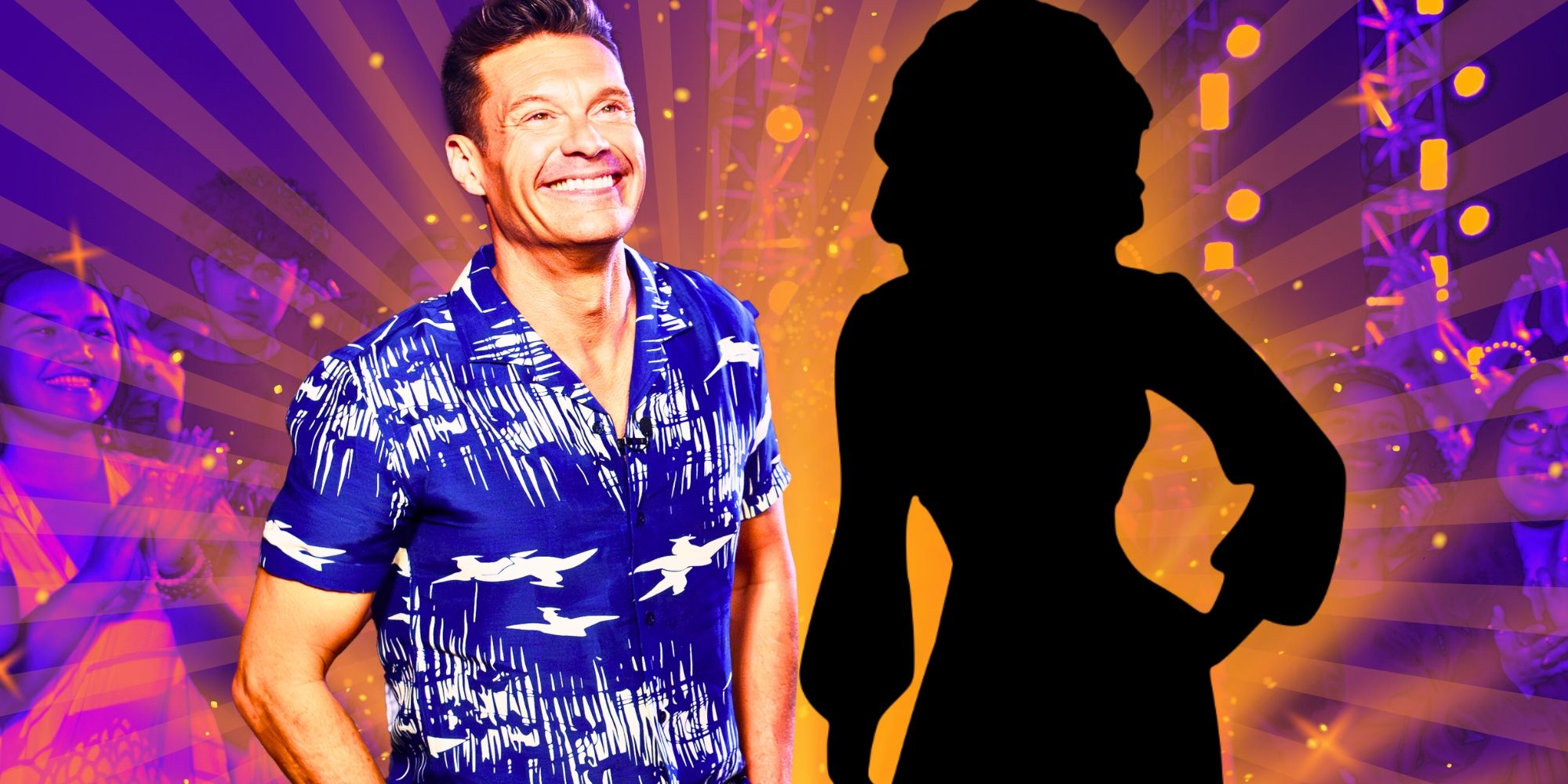 Ryan Seacrest, host of American Idol, smiles while standing next to a silhouette of a mystery woman.