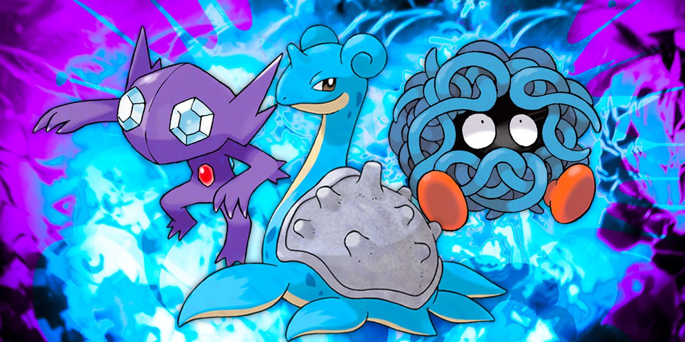 Sabeleye, Tangela And Lapras From Pokemon Over A Purple And Blue Background