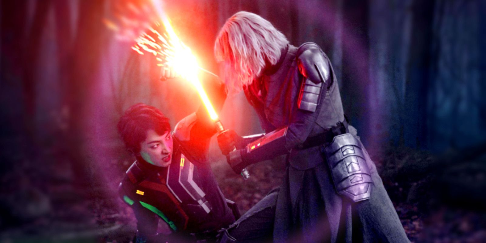 Sabine Wren and Shin Hati duel with their lightsabers in Ahsoka 