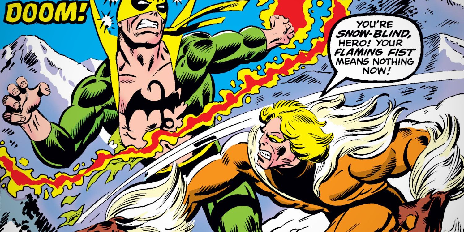 Dentes de Sabre vs Punho de Ferro na primeira aparição em quadrinhos da Marvel Arte da capa