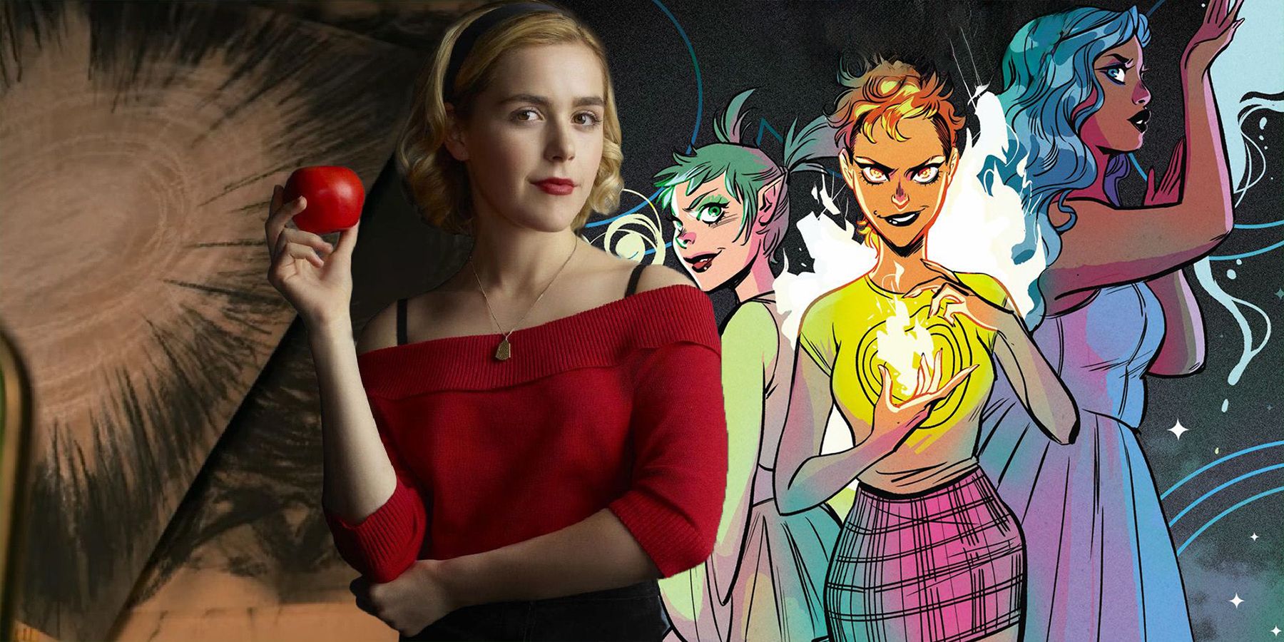 Sabrina Spellman from Chilling Adventures of Sabrina composed with the cover art for The Wicked Trinity #1