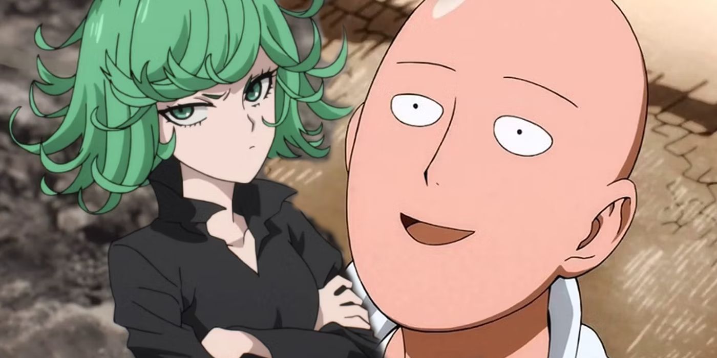 Tatsumaki crossing her arms and Saitama smiling in One Punch Man