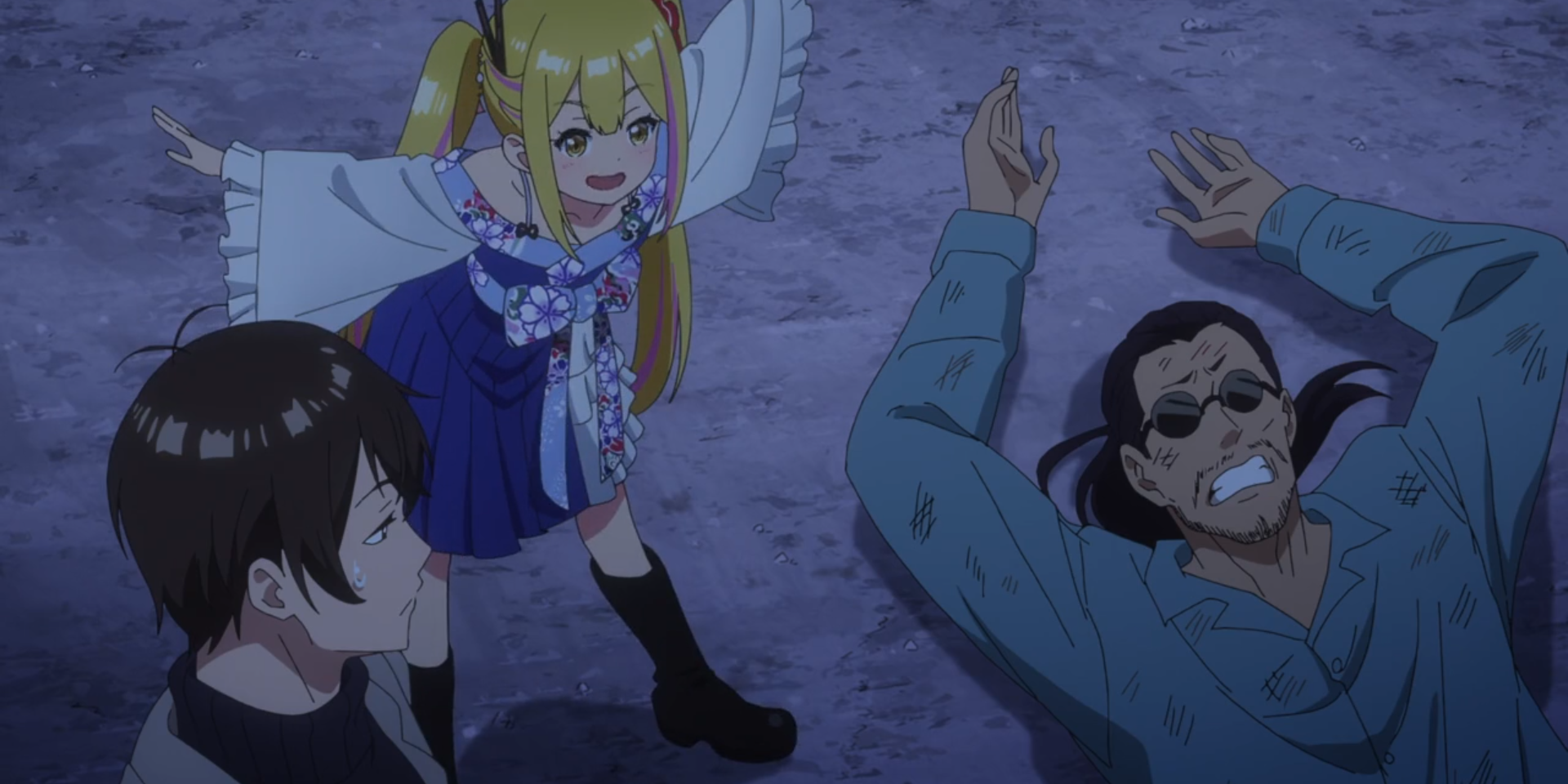 Sara and Sousuke stand next to a beaten thug, while Sara stands, arms outstretched and excited, while Sousuke looks on with a sweatdrop indicating embarrassment.