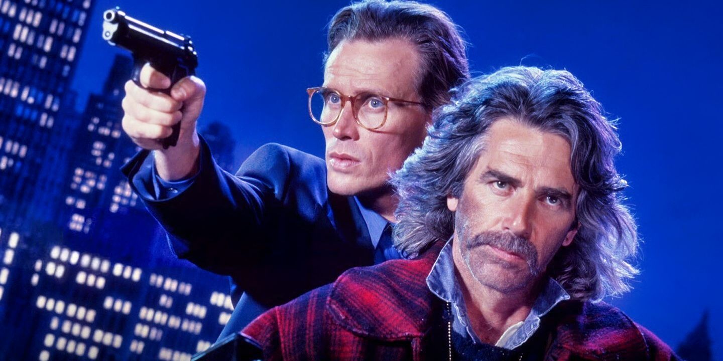 Sam Elliott and Peter Weller pointing a gun in Shakedown's poster