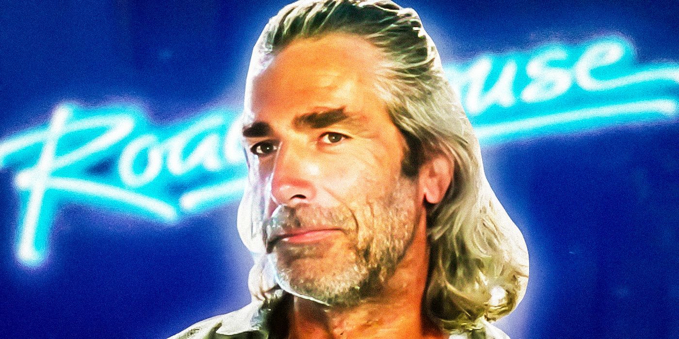 Sam Elliott as Wade Garrett from Road House 1989 in front of a neon blue sign for the Road House