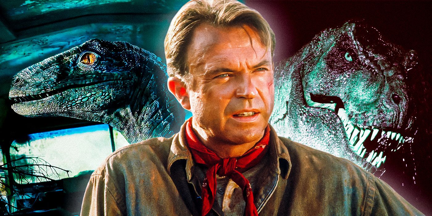 Sam Neill as Alan Grant from Jurassic Park surrounded by dinosaurs