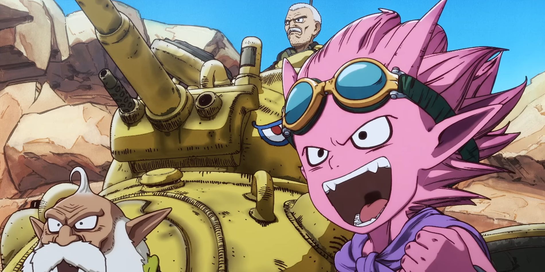 Screenshot from Sand Land Anime shows Beelzebub and Thief looking happy while Rao sits in a Tank behind them.