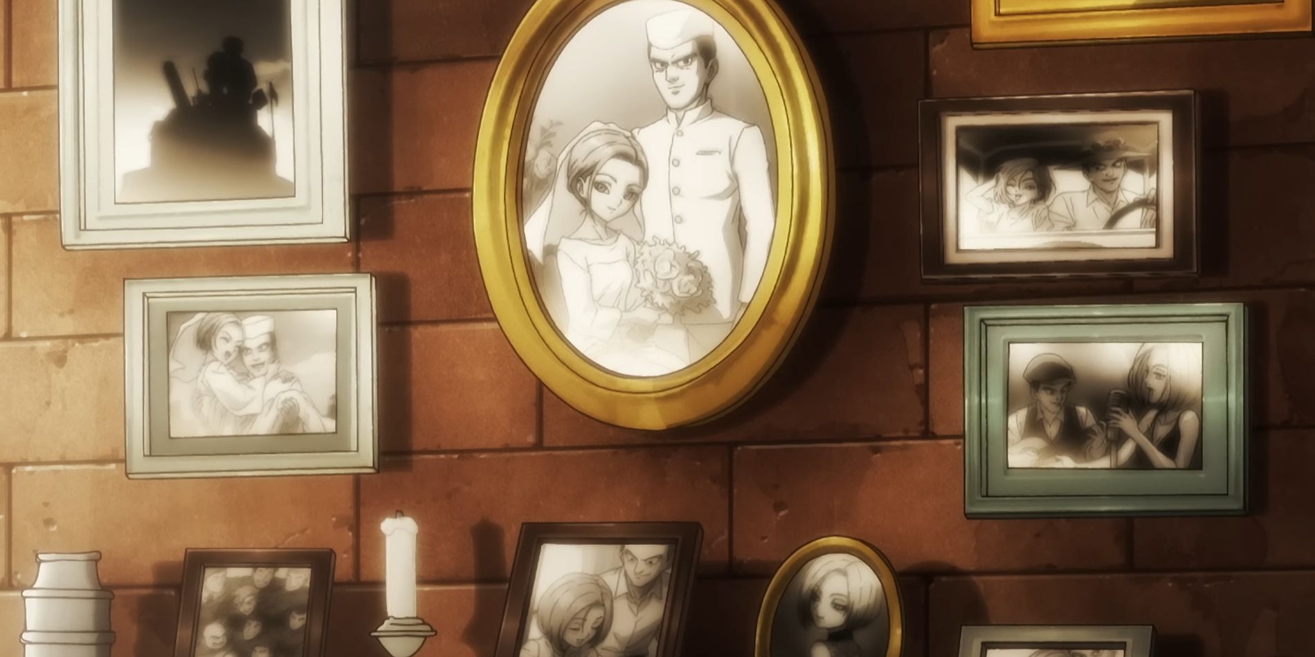 Screenshot from SAND LAND anime shows a young Rao General Shiva home with lots of pictures of him and his wife Sexy Terrier on on a brick wall.