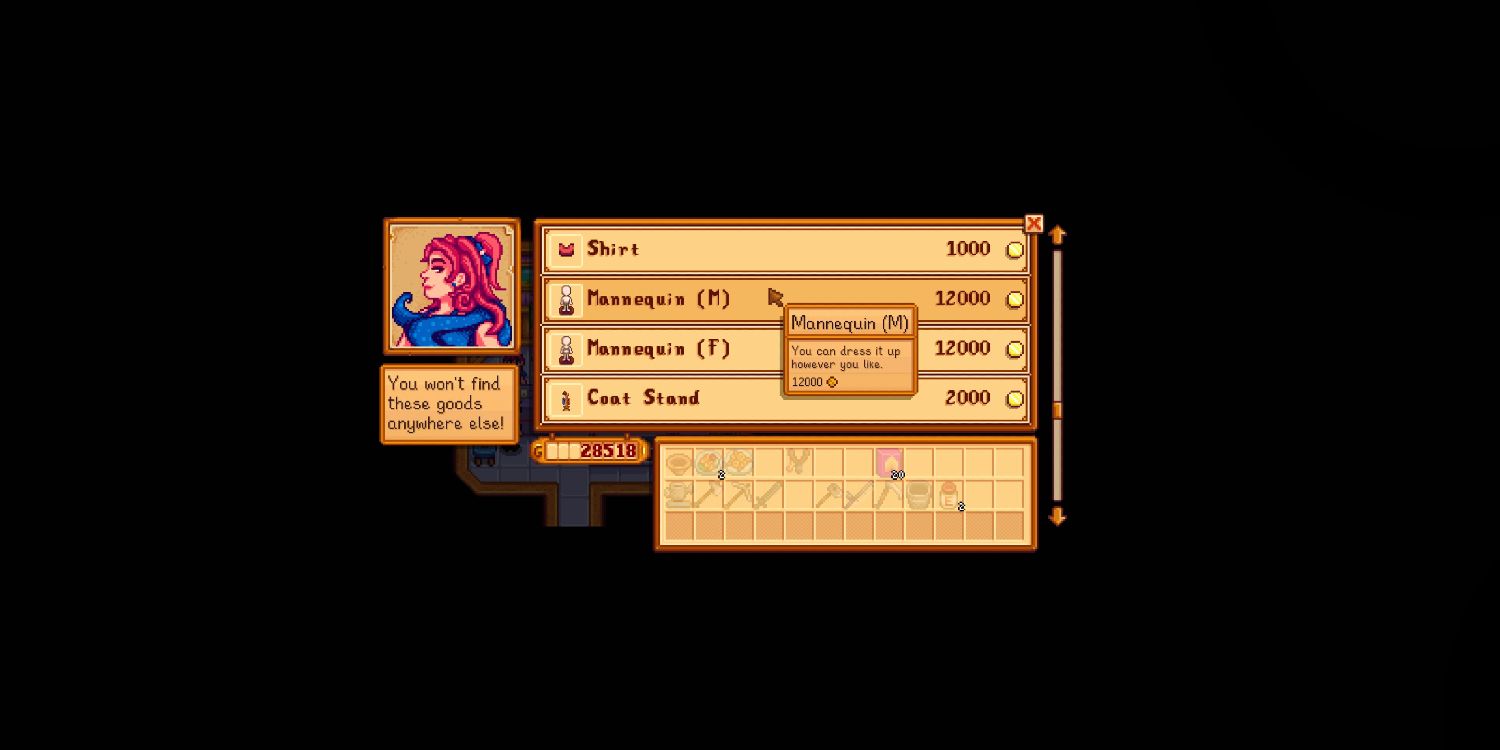 Sandy vendendo manequim para jogador de Stardew Valley na loja Calico Desert Oasis