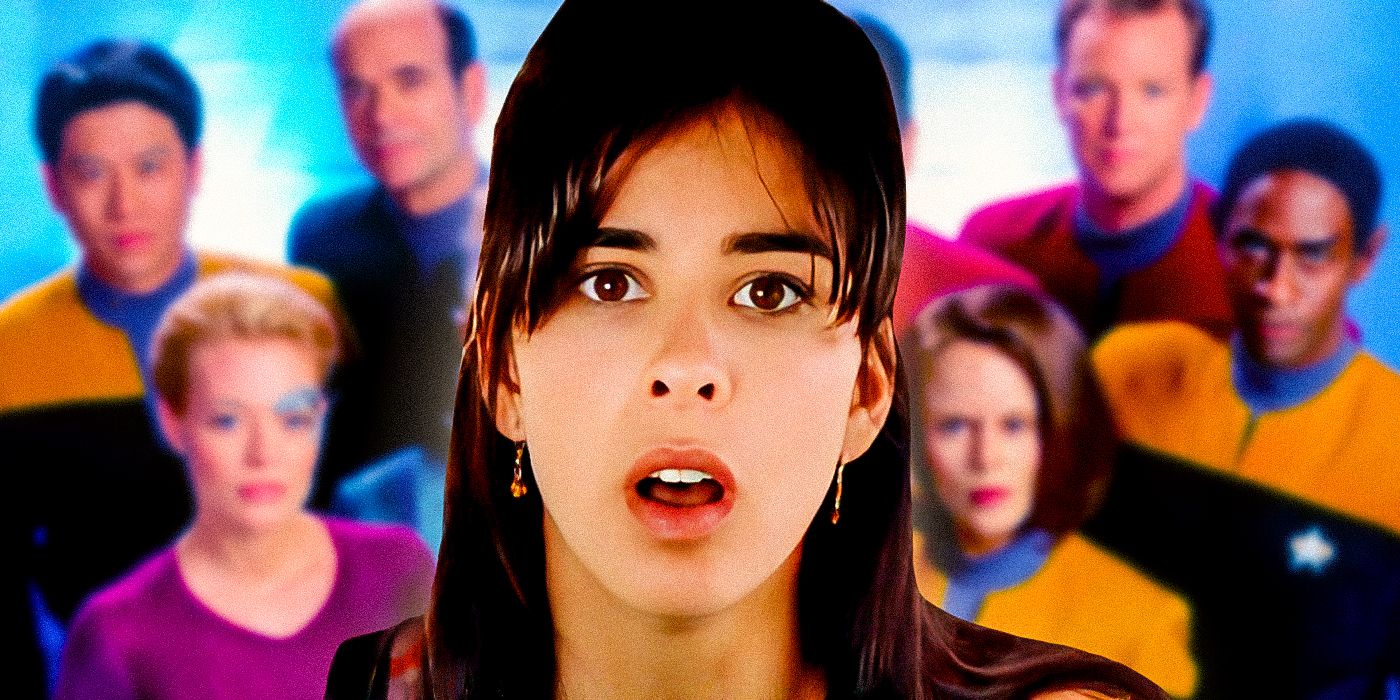 Rain Robinson (Sarah Silverman) looks astonished out at the camera with the Star Trek: Voyager cast in the background.