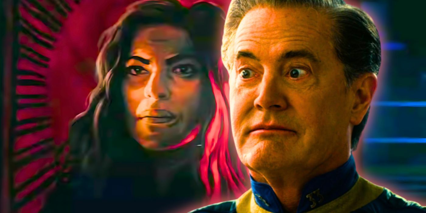 Sarita Choudhury as Lee Moldaver in a painting from Fallout and Kyle MacLachlan looking surprised as Hank MacLean from Fallout