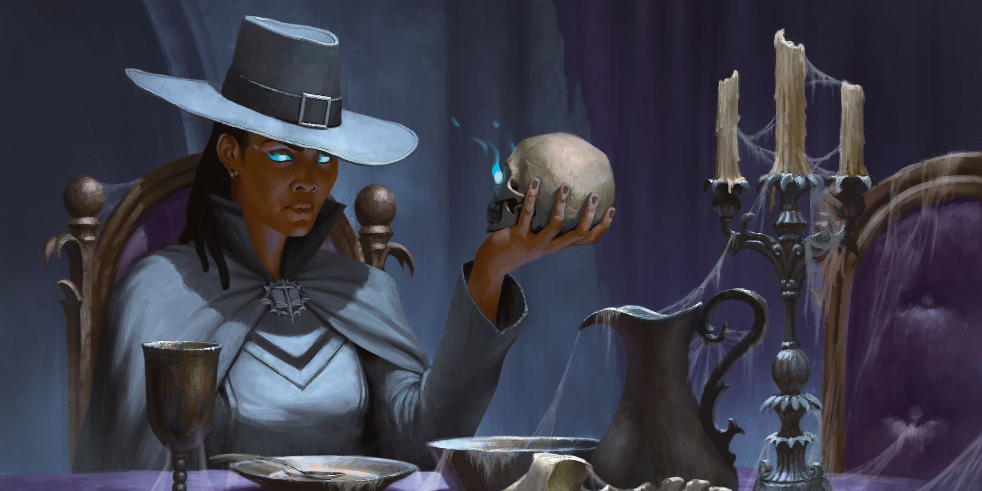 Sarusanda, a woman holding a skull with glowing blue eyes, sitting at a cobwebbed table in Vecna Eve of Ruin