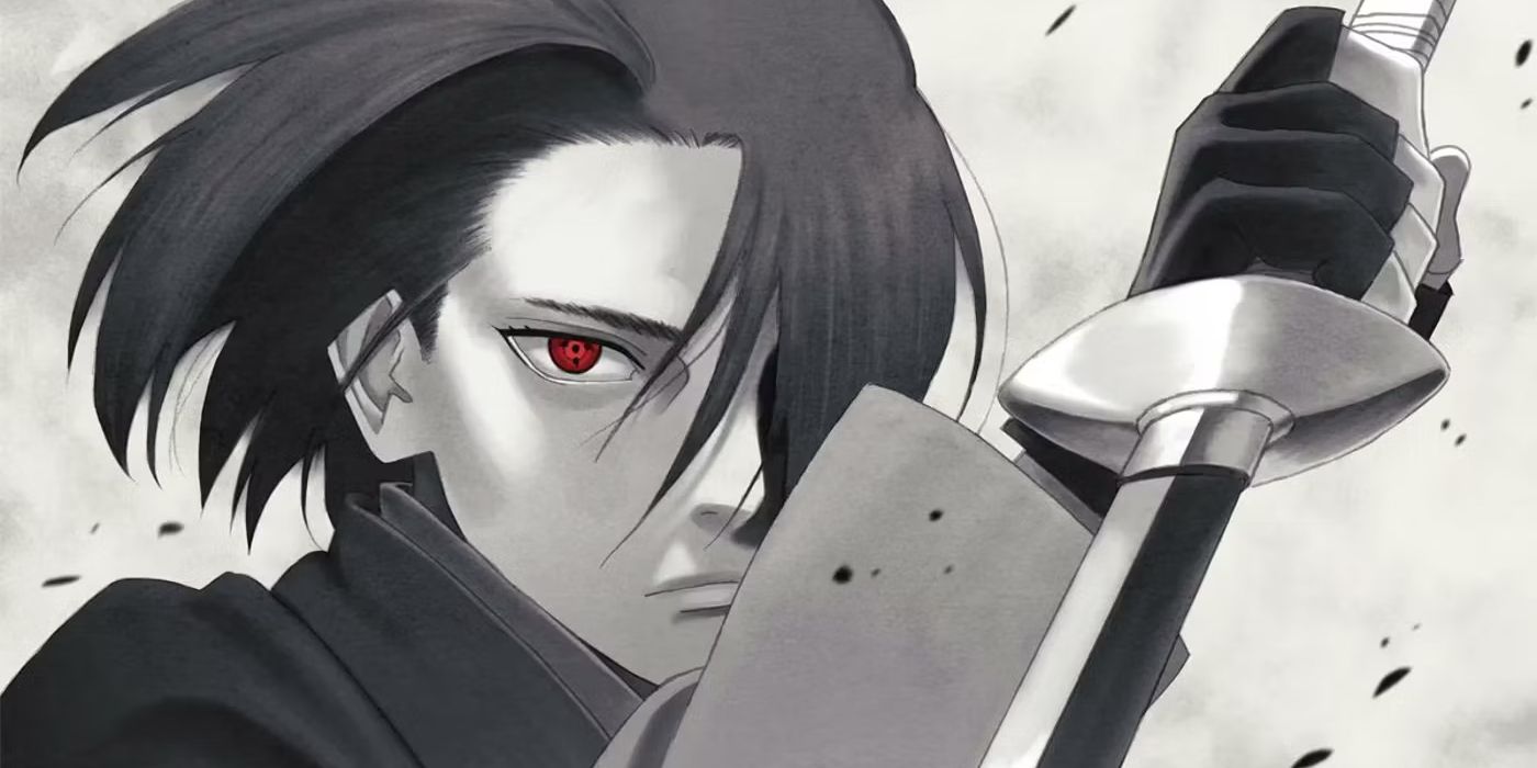 Promotional visual of Boruto anime shows a adult sasuke colored in black and white and gray except for his red sharingan eye. He is holding up a sword with his one arm.