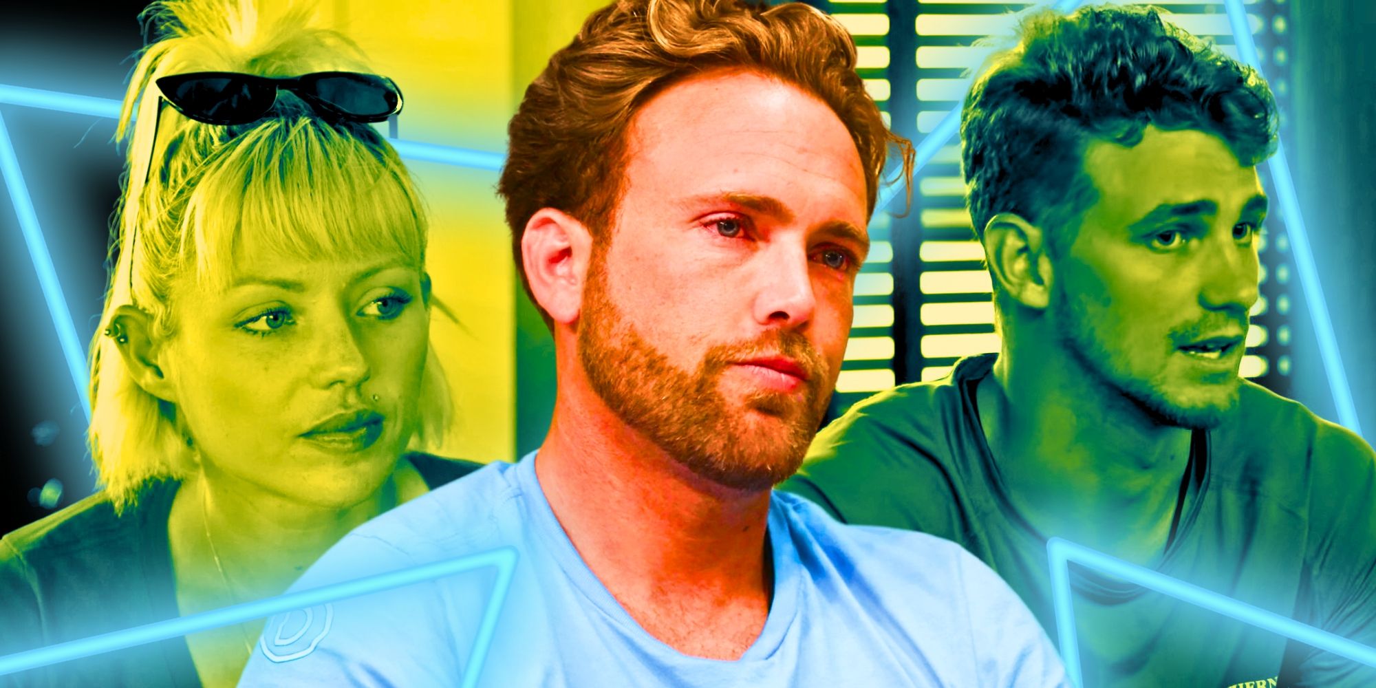 Jared Woodin, Raygan Tyler, Adam Kodra from below deck with neon lights and green filtered background, Jared in foreground