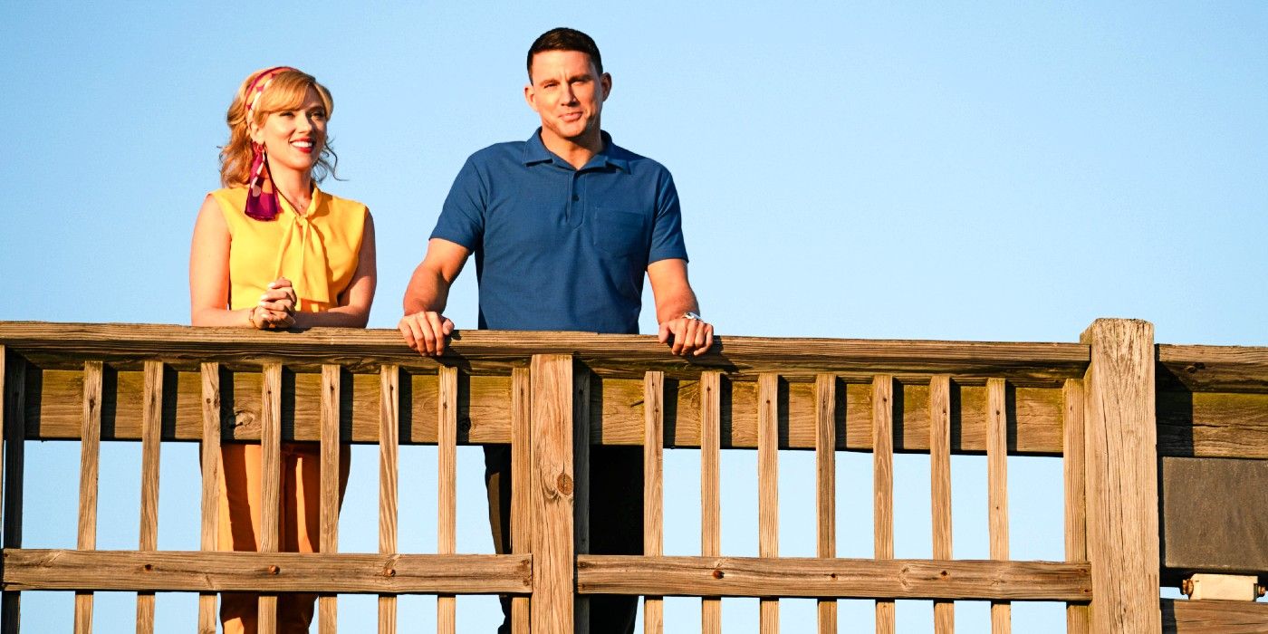Scarlet Johansson and Channing Tatum standing on a patio together in Fly Me To The Moon