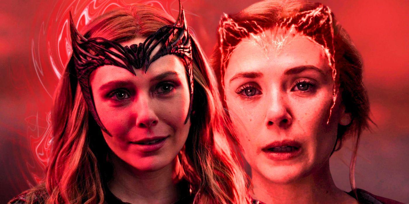 A split image featuring two pictures of Wanda Maximoff/Scarlet Witch in the MCU