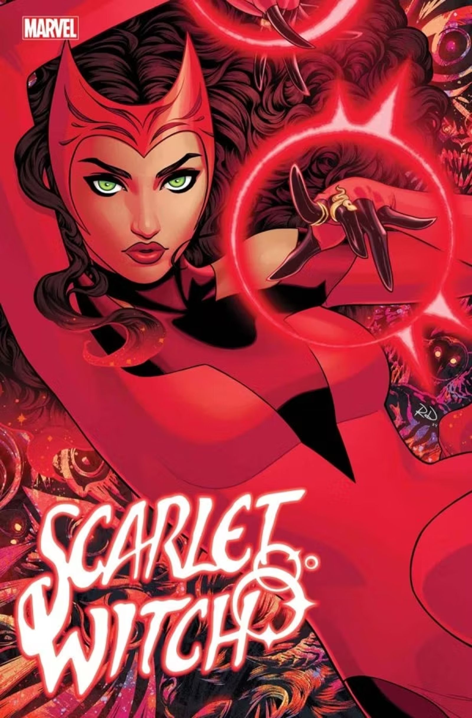 Capa de Russell Dauterman para o próximo Scarlet Witch # 1, Wanda deitada e lançando um feitiço com uma mão.