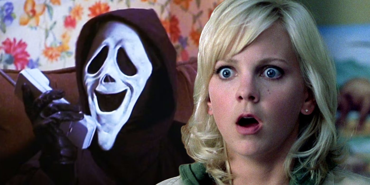 A composite image of Anna Paris looking shocked with a laughing ghost face talking on the phone in Scary Movie