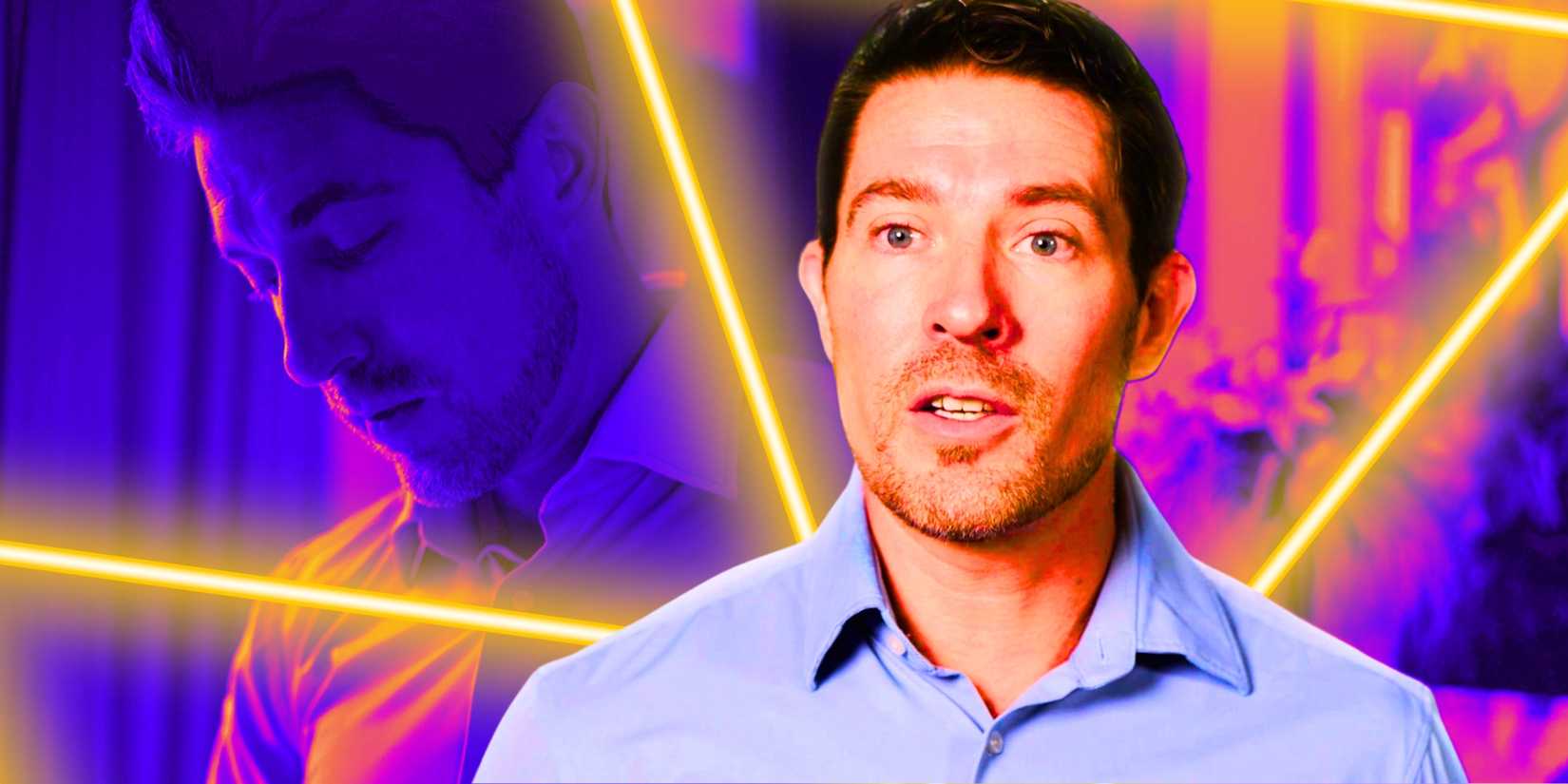 Seeking Sister Wife's Garrick Merrifield wearing a pale blue shirt in a montage with a neon laser background