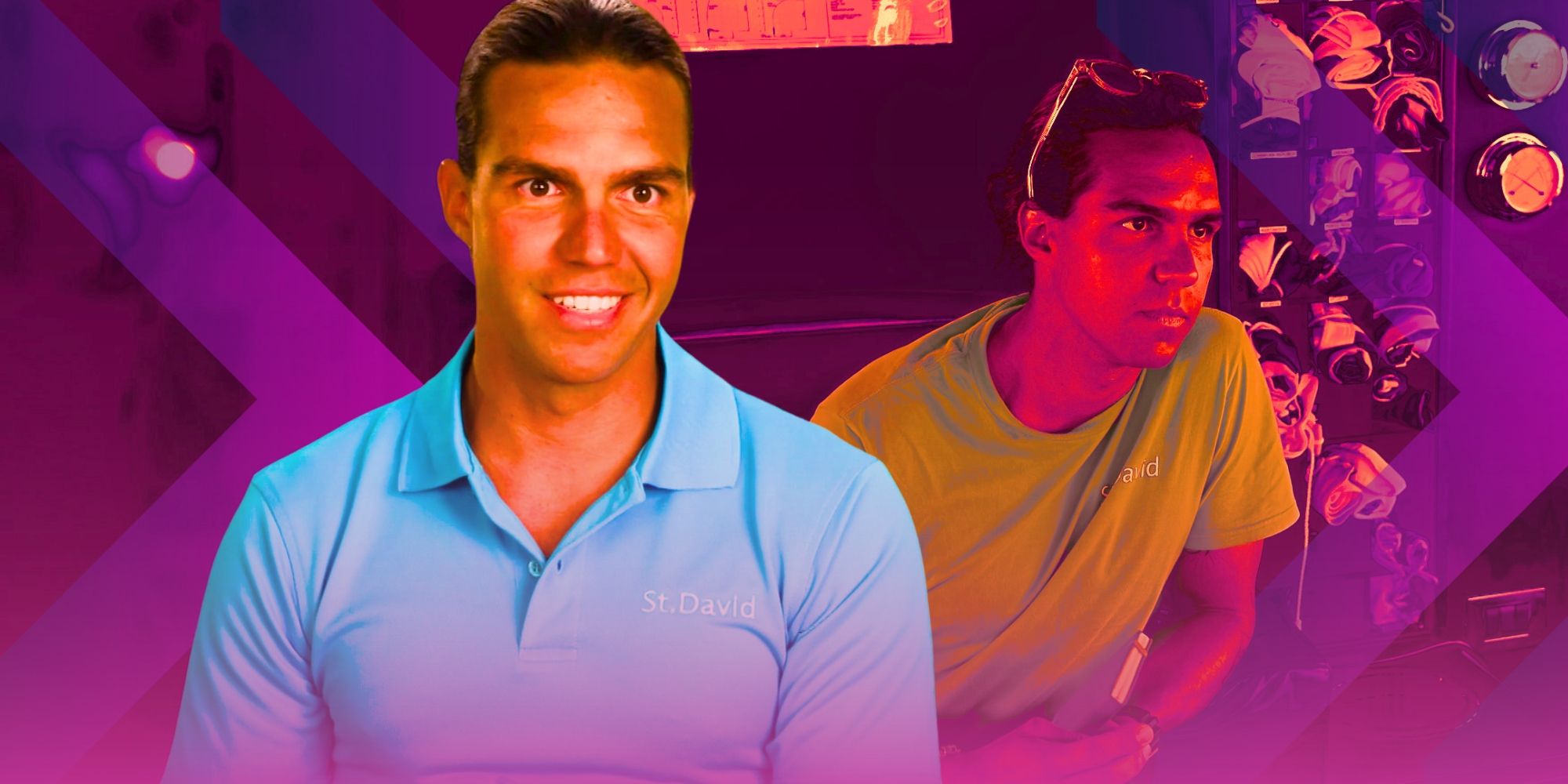  Ben Willoughby below deck montage blue polo in front green tshirt in back purple arrows and filter pointing right