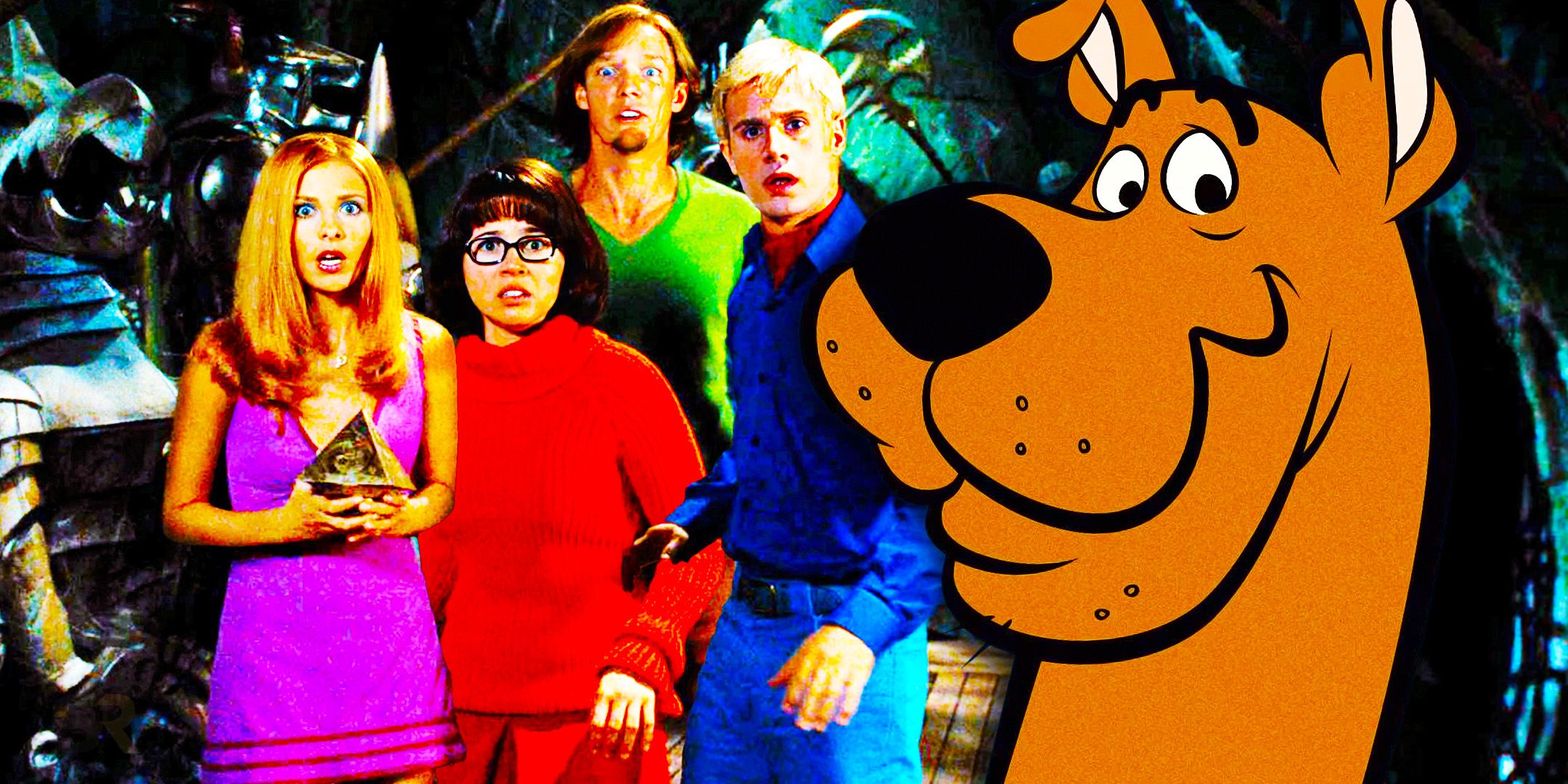Scooby-Doo live-action Mystery Inc next to animated Scooby