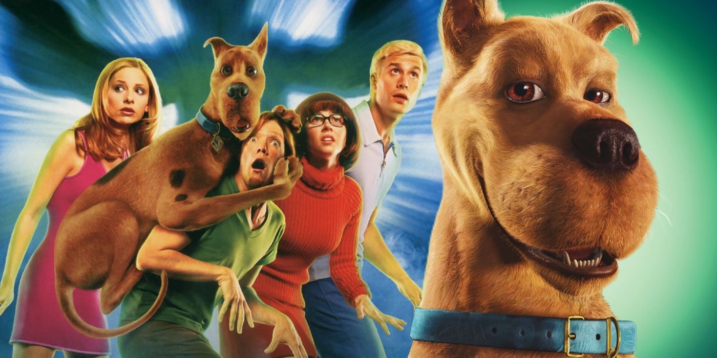 A composite image of a close up of Scooby in front of the Mystery Incorporated gang cowering in fear from the poster of Scooby-Doo 2002