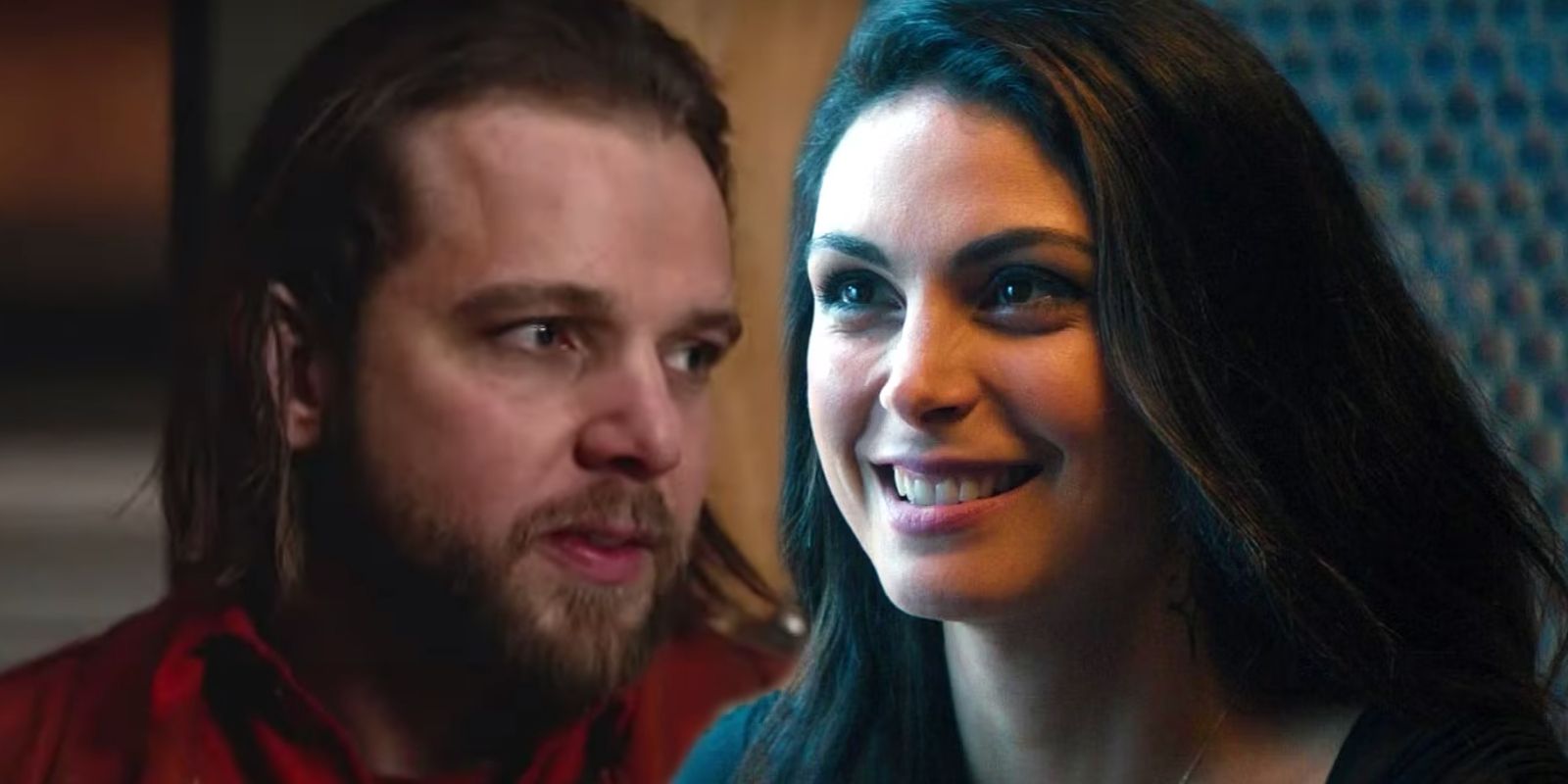 Max Thieriot as Bode looking worried in Fire Country and Morena Baccarin as Vanessa smiling in Deadpool 2