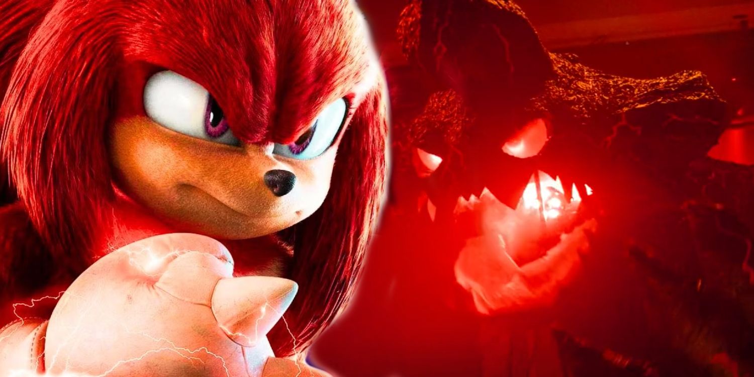 Knuckles preparado para lutar em Sonic the Hedgehog 2 ao lado do boneco Fire Demon no episódio 4 de Knuckles