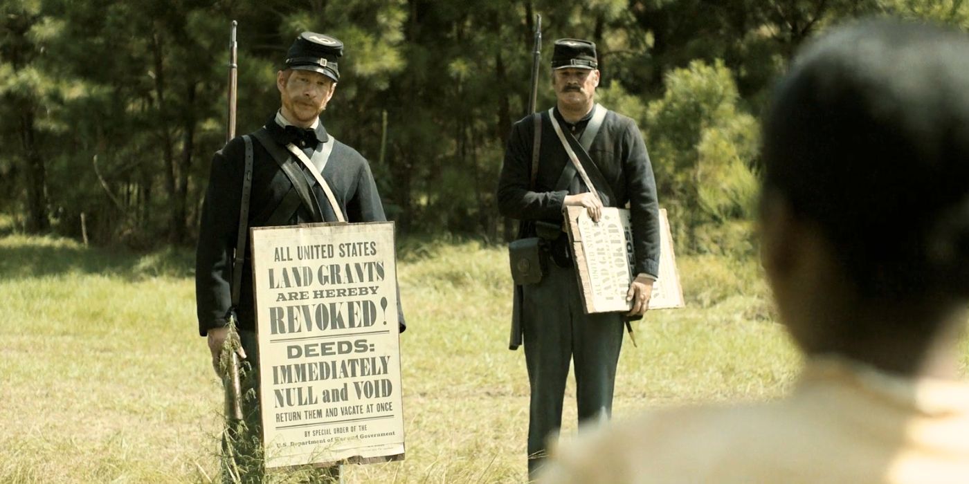 Mary Simms reacts to the land grant revocation sign posted by Union soldiers