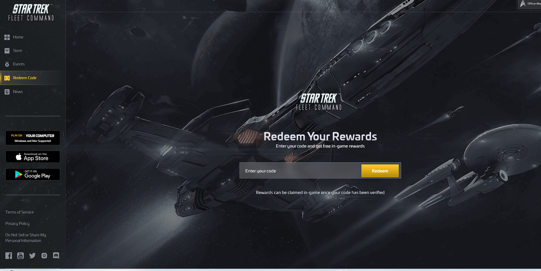 A página de resgate no site do Star Trek Fleet Command