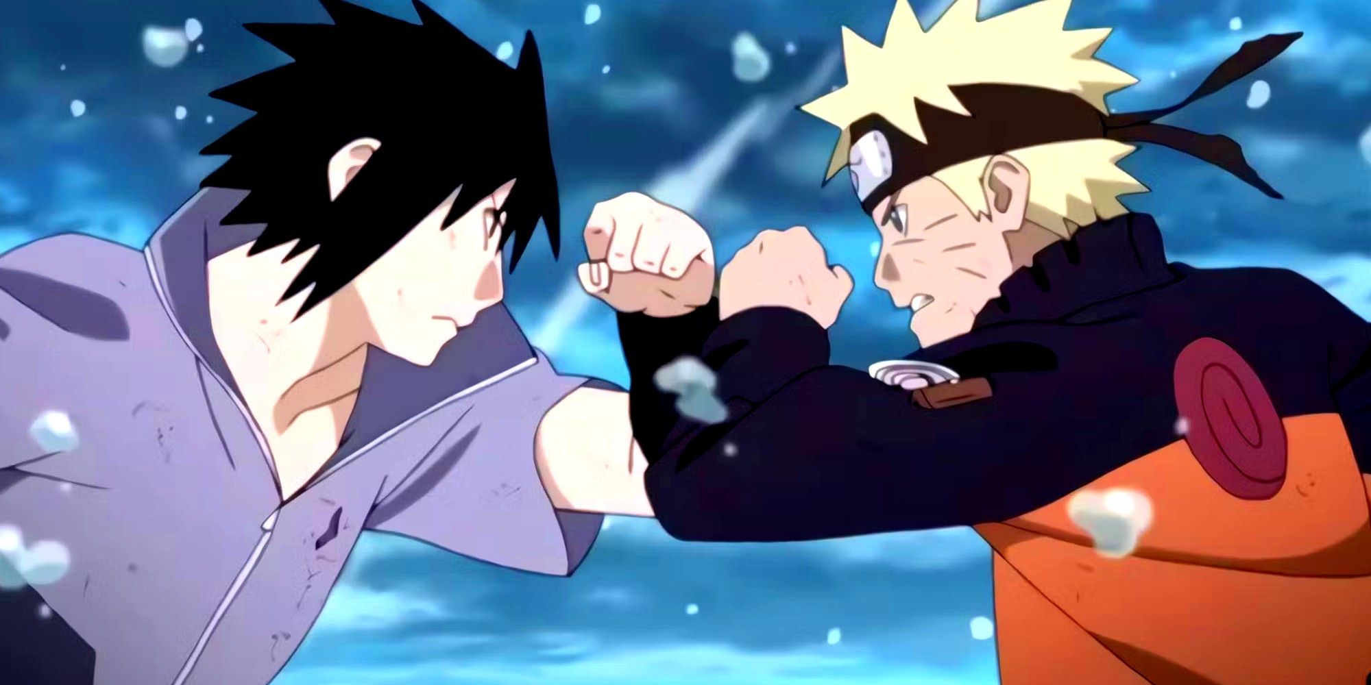 Screenshot from Naruto Shippuden shows naruto and sasuke locking fists in the first attack in their final battle from episode 476