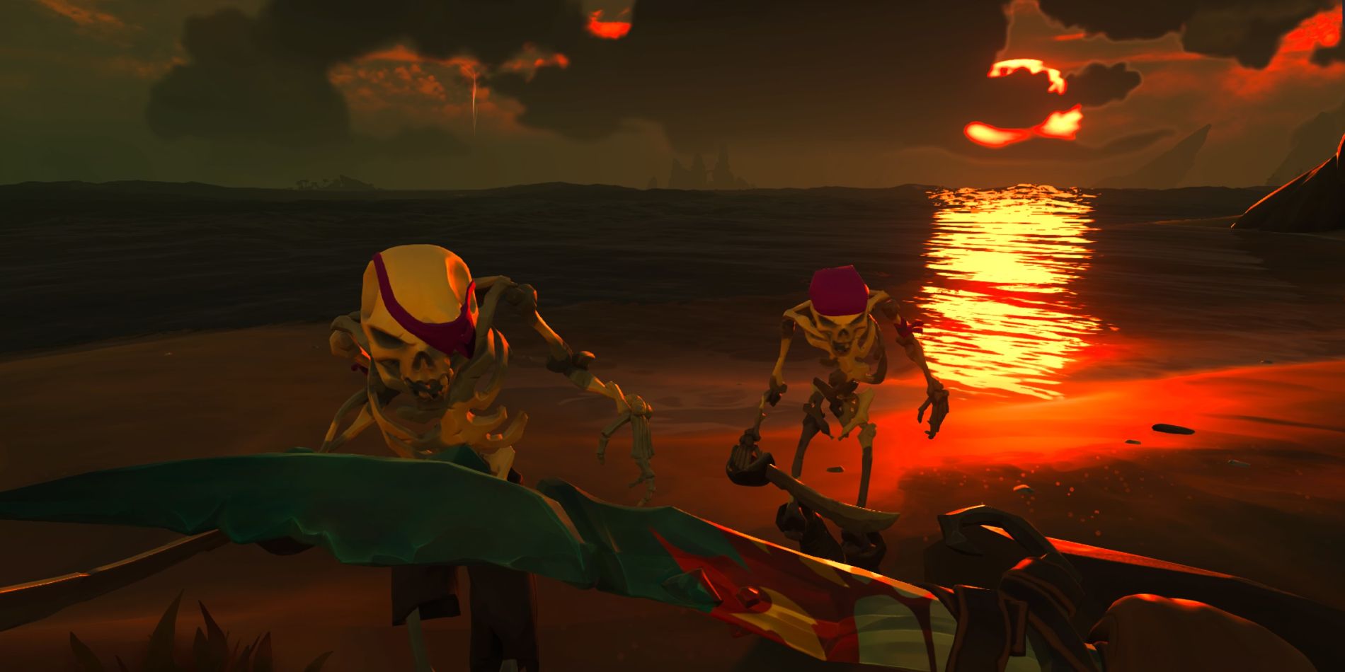 Gameplay screenshot Sea of Thieves PlayStation 5 guarding with cutlass sword while two skeletons approach while standing on a beach with the sunsetting behind them.