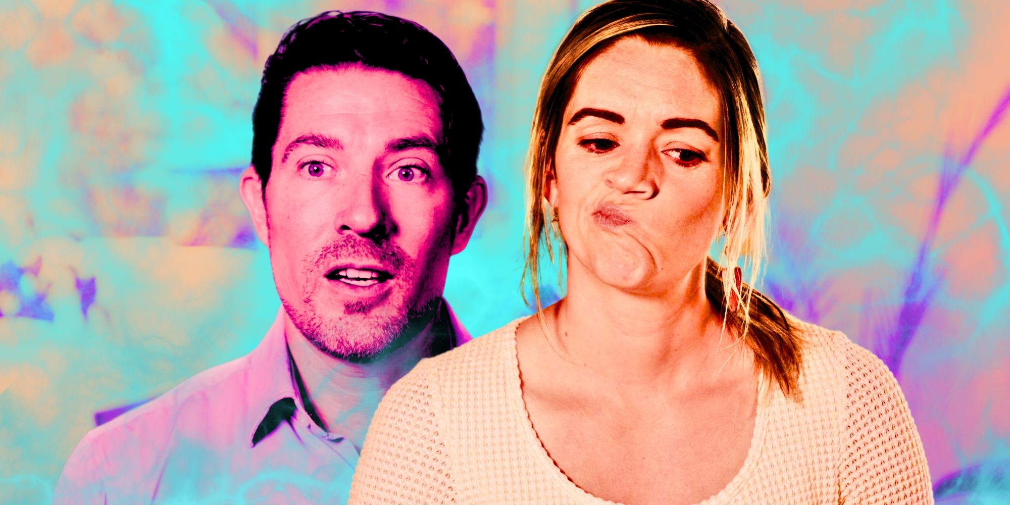 Seeking Sister Wife's Dannielle Merrifield and Garrick Merrifield looking worried in montage featuring a blue and pink background