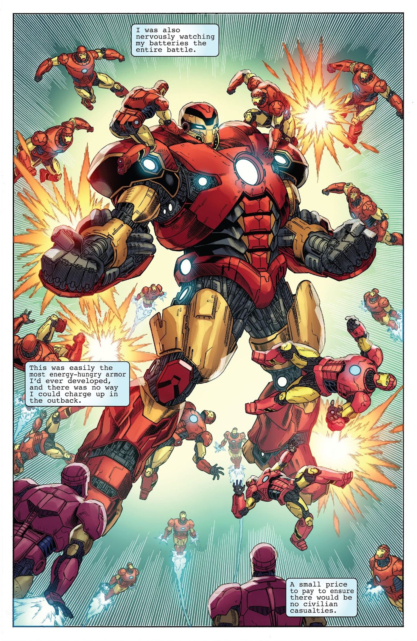 A Armadura Sentinela do Homem de Ferro combate uma onda de Sentinelas Stark. 