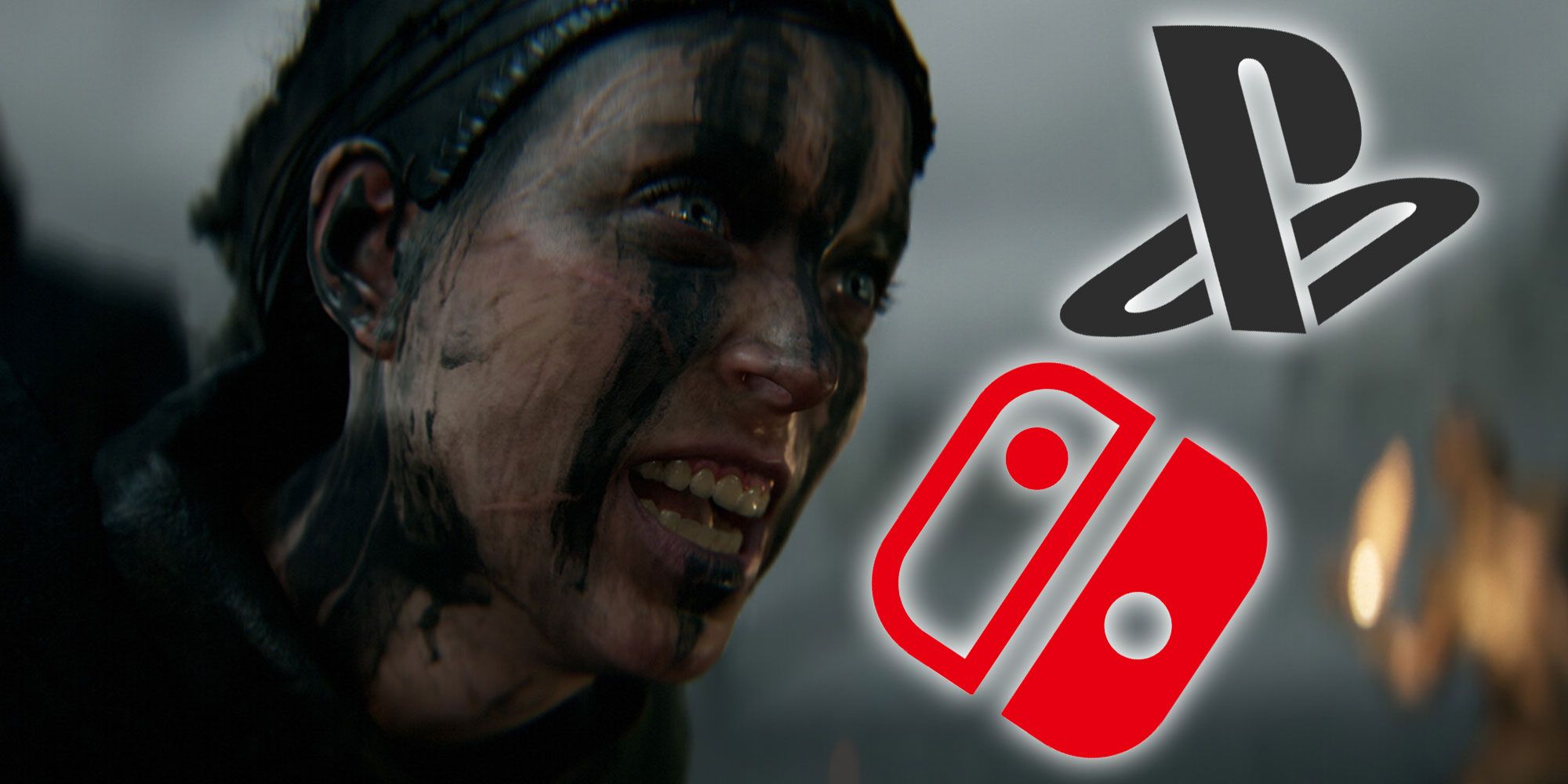 Senua do Hellblade 2 gritando com os logotipos do PlayStation e Nintendo Switch. 