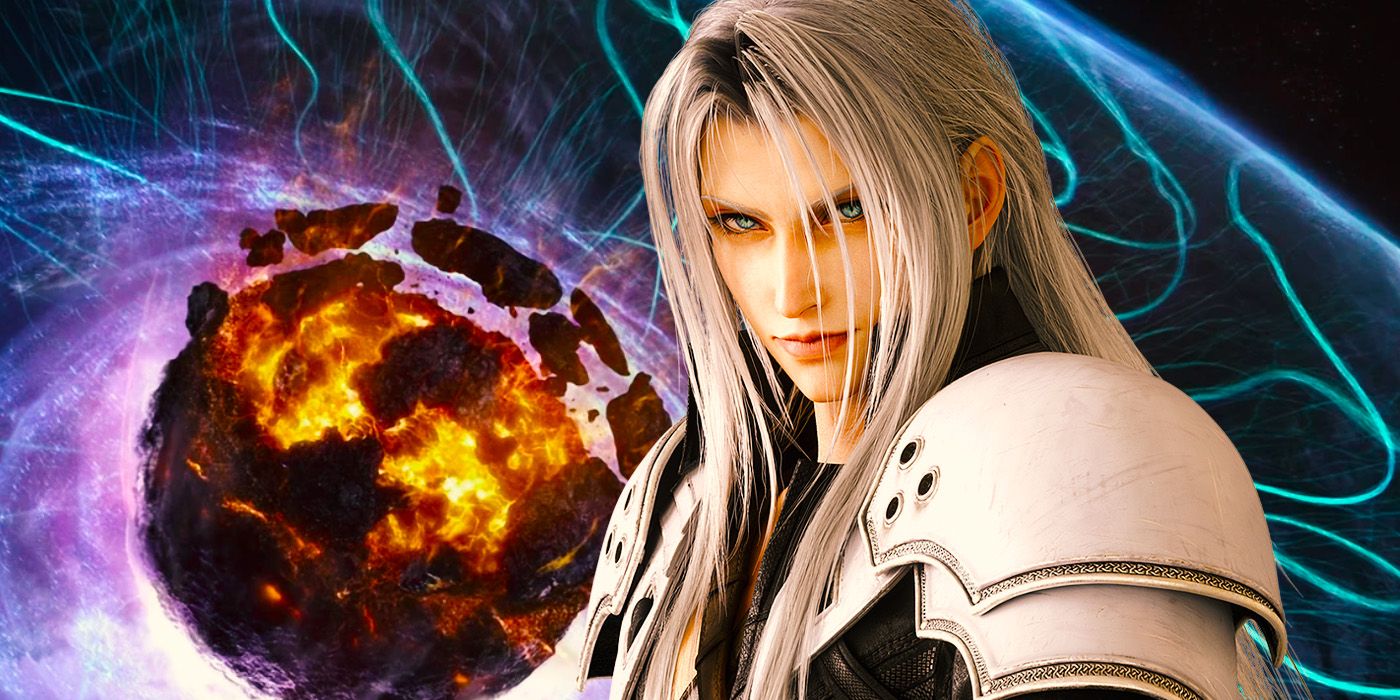 Sephiroth from the FF7 remake trilogy in front of the Meteor descending on Gaia from the original FF7.