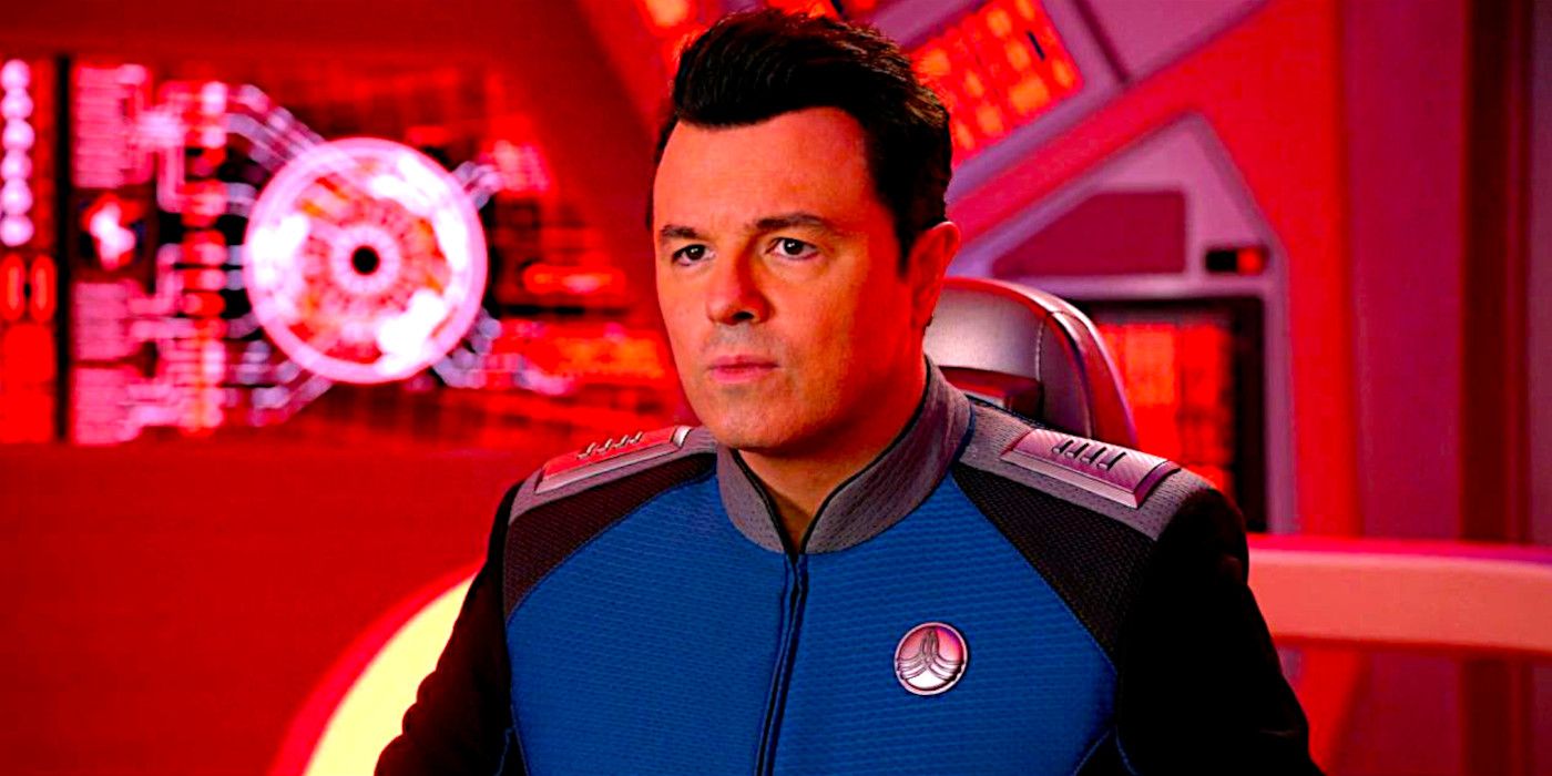 Seth MacFarlane in a captain's chair looking slightly concerned in a scene from The Orville