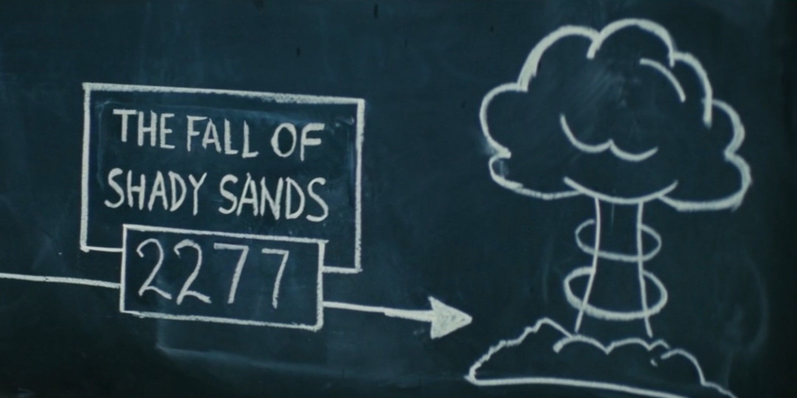 No quadro-negro está escrito "a queda das areias sombreadas 2277" ao lado da imagem de uma nuvem em forma de cogumelo no show Fallout