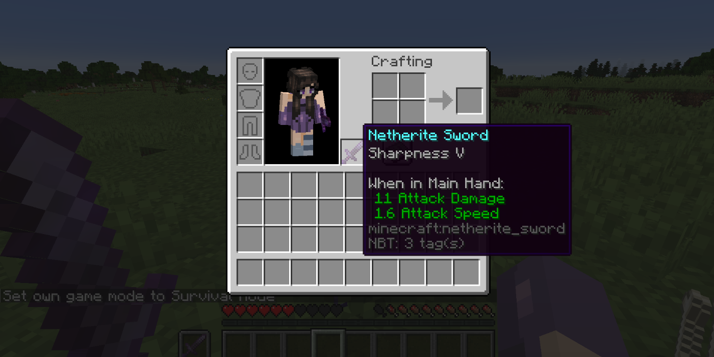 Espada Netherite do jogador encantada com Sharpness V no Minecraft.