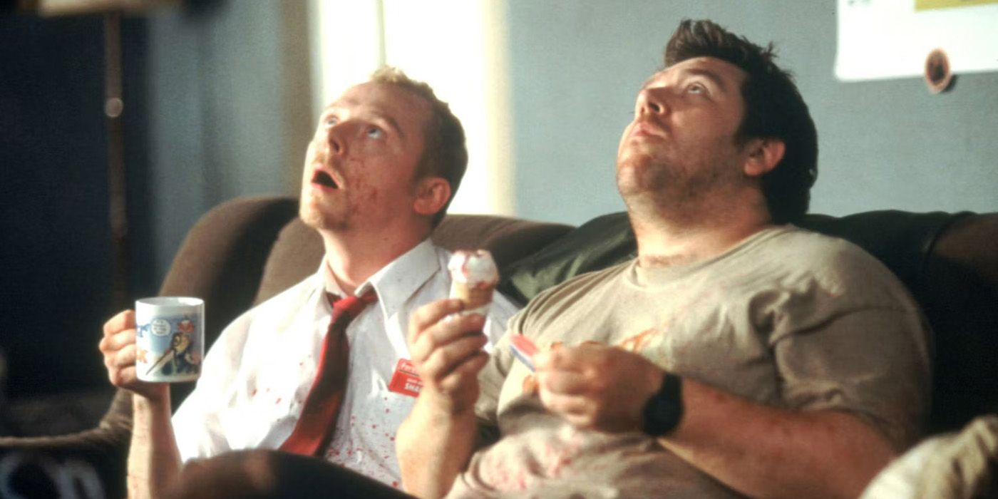 Shaun and Ed looking up in Shaun of the Dead.