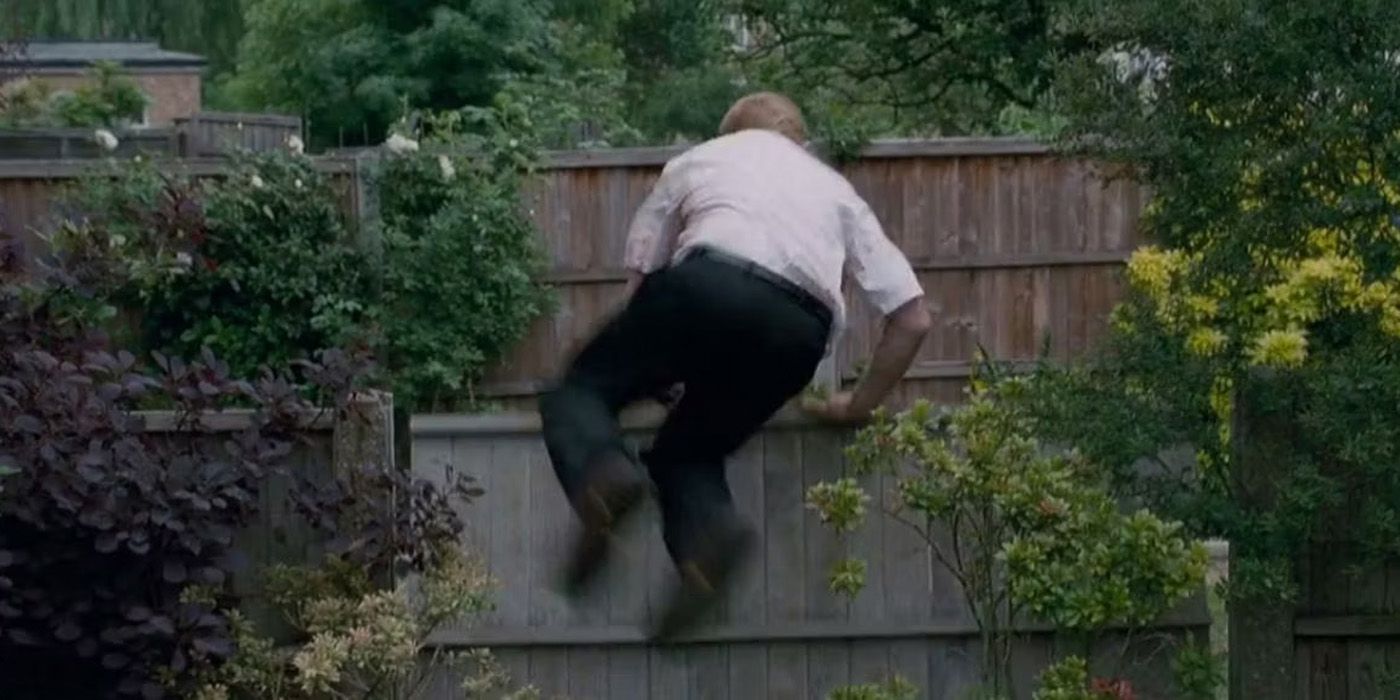 Shaun jumping over a fence in Shaun of the Dead.