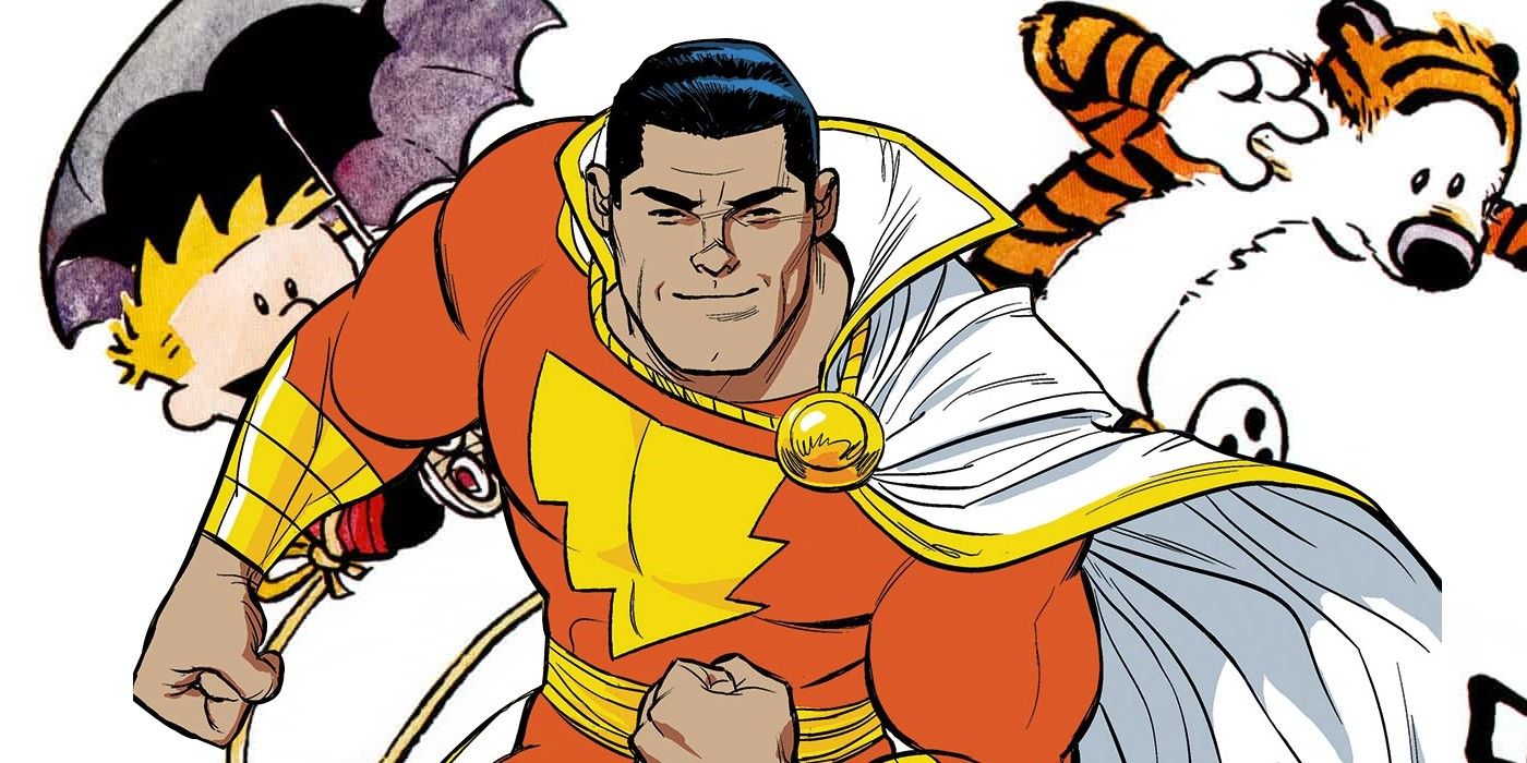 Image of Calvin and Hobbes in the background with Shazam in the foreground.
