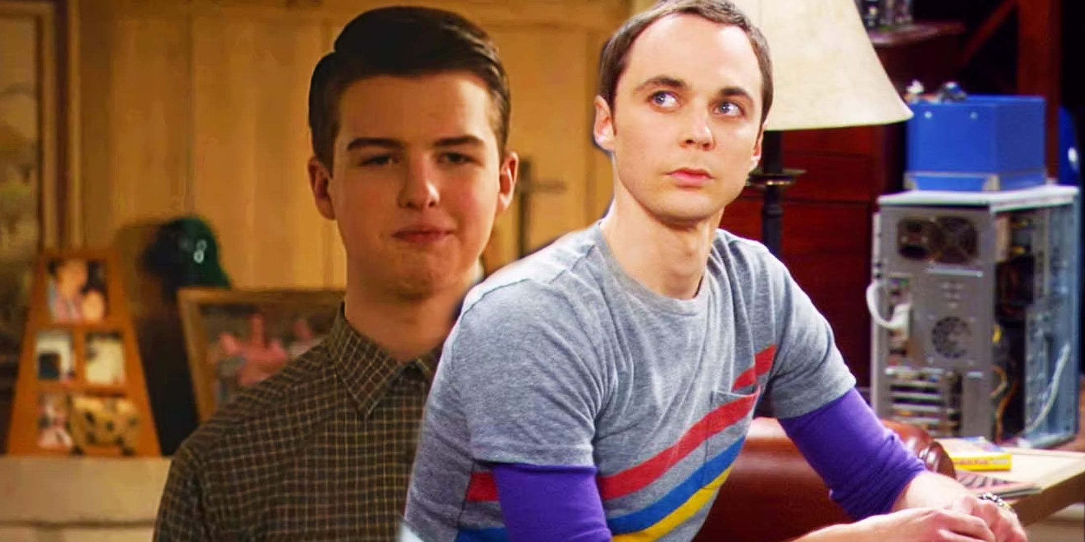 Sheldon com uma expressão estranha no rosto em Young Sheldon ao lado do Sheldon adulto olhando para cima em The Big Bang Theory