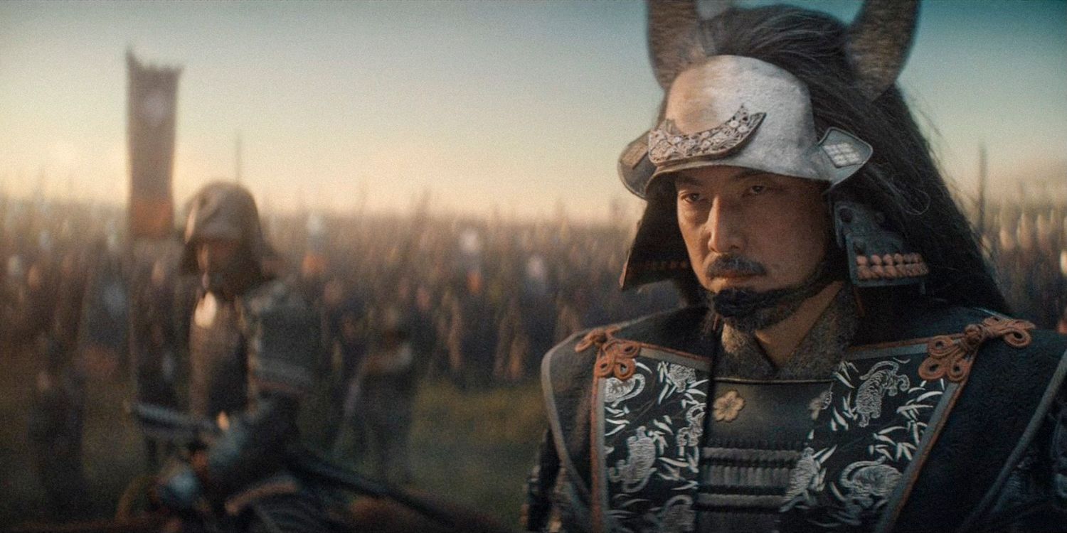 Ishido em traje de samurai com seu exército atrás dele na temporada 1 do Shogun, episódio 10 (FINALE)