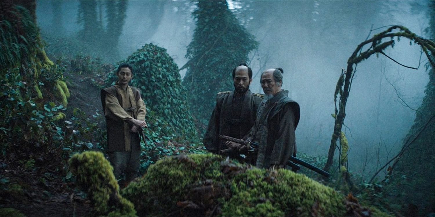 Nagakado, Buntaro, and Hiromatsu in the middle of a misty forest in Shogun season 1 ep 7