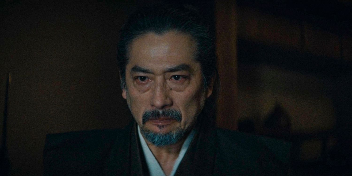 Toranaga with a stern expression on the verge of tears in Shogun season 1 ep 8