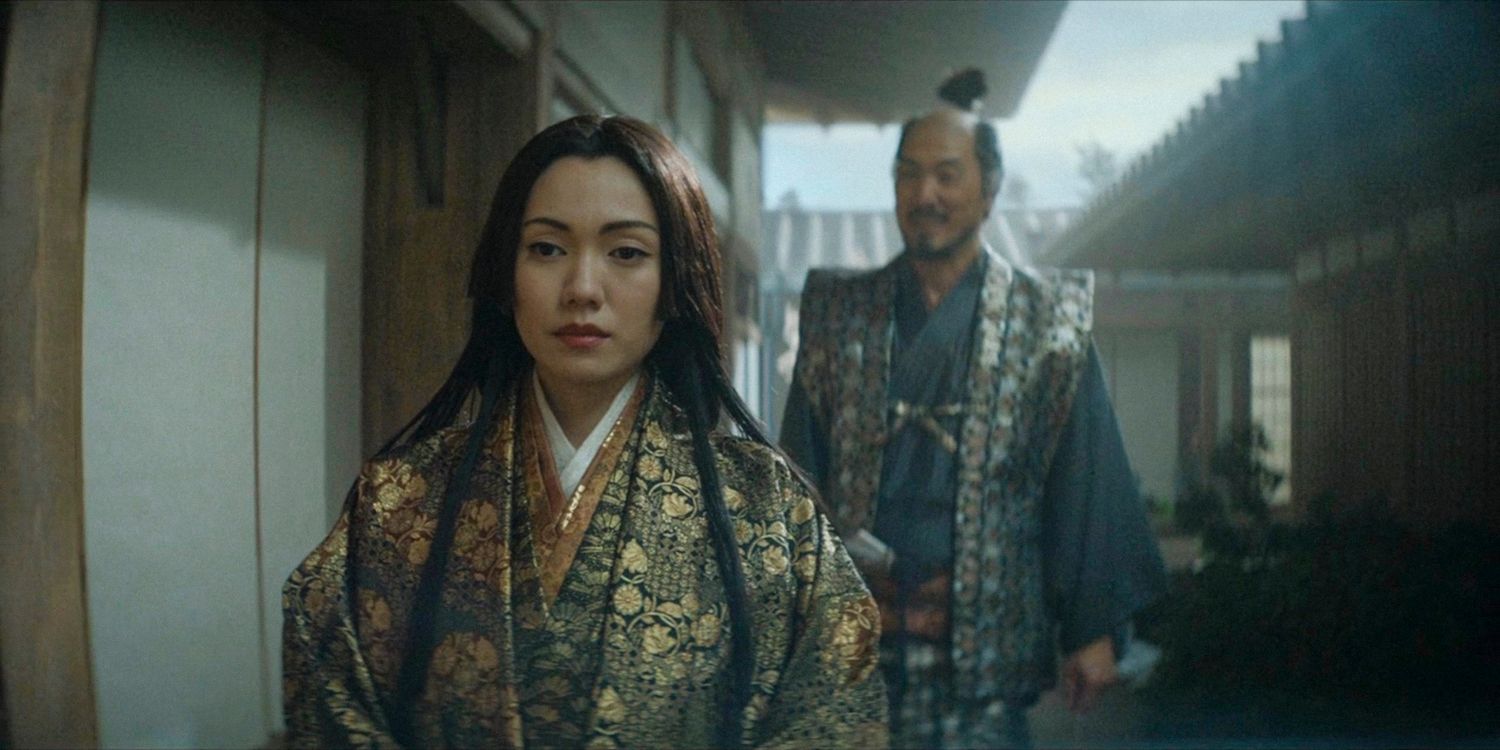 Lady Ochiba looking very serious, with Ishido Kazurani in the background in Shogun season 1 ep 8